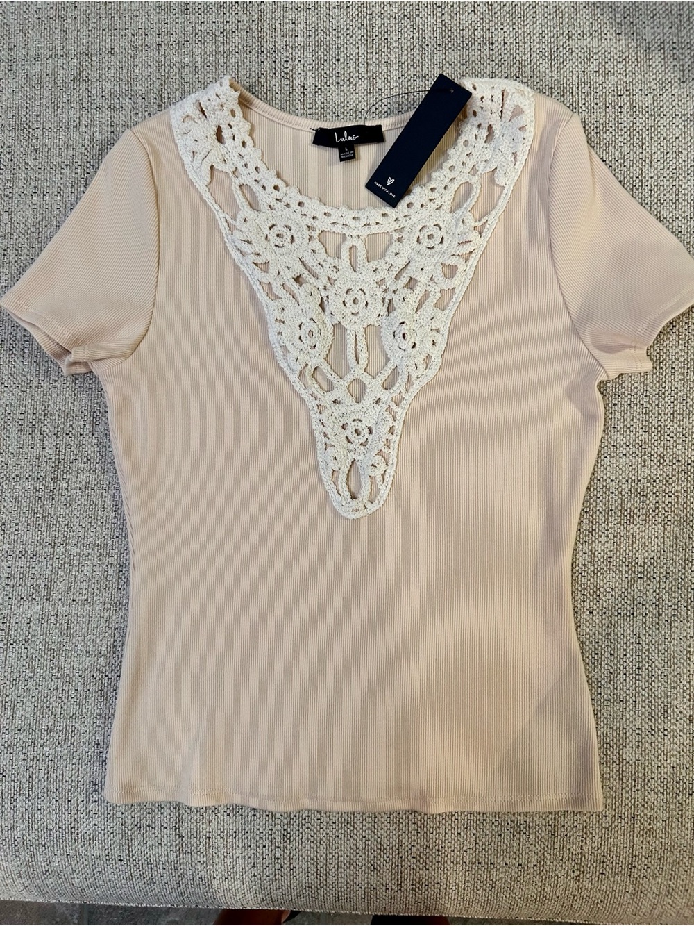 Lulus Eclectic Cutie Beige Ribbed Crochet Lace Short Sleeve Top Size Med